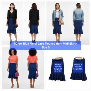 BNWTT J.Crew Blue Floral Lace Flounce Hem Midi Skirt Size 0-2